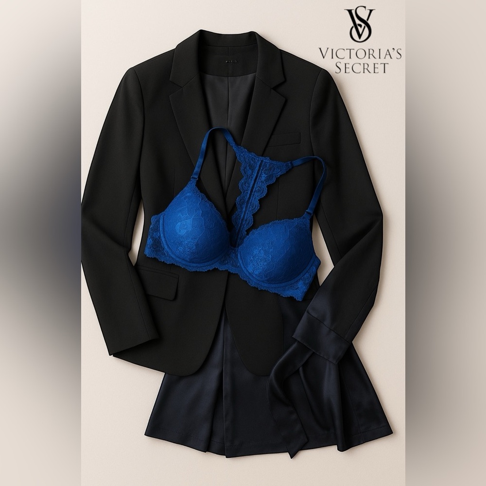 🛍️SALE🛍️PINK Victoria's Secret Royal Blue Lace Push-up Bra with Racerback Straps - Picture 2 of 9